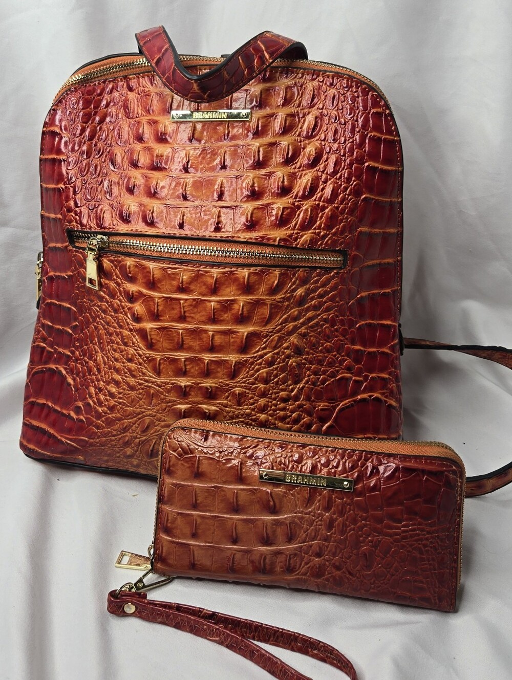 Brahmin Croc Embossed Leather Backpack Matching Wallet Wristlet Brown Cognac